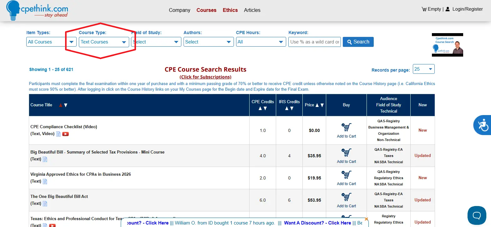 CPEThink.com course search with the Course Type filter set to Text Courses