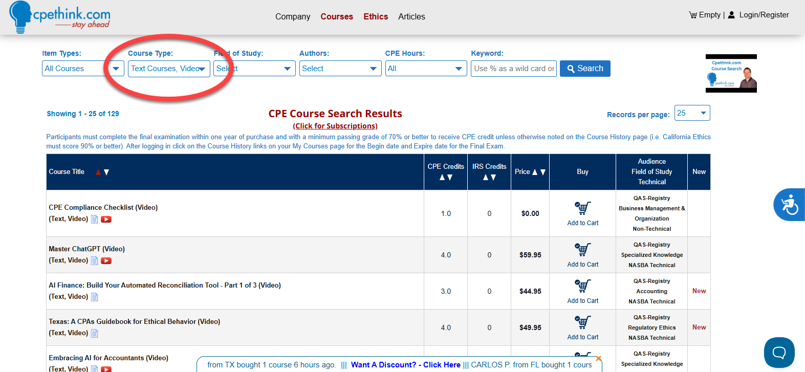 CPEThink.com course search with the Course Type filter set to both Text Courses and Video Courses